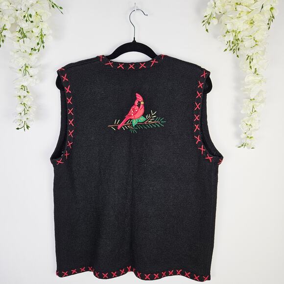 Vintage Bobbie Brooks Christmas Sweater Vest Embroidered Cardinals Large Holiday - Picture 3 of 11